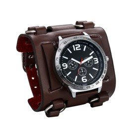 JewelryWe Mens Wirst Watch Hip-hop Gothic Punk 3 Eyes Quartz Watch Wide Genuine Leather Cuff Wirstwatch Black Brown