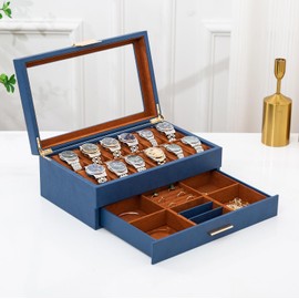 Fienzio 12 Slot Leather Watch Box with Valet Drawer - 12 Slot Luxury Watch Case Display Organizer, Microsuede Liner, Mens Accessories Holder, Jewelry Case, Jewelry Display Organizer (Blue/Brown)
