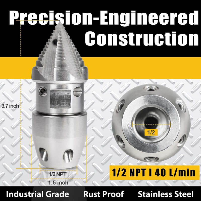 1/2 NPT, 40 L/min Sewer Jetter Rotating Nozzle - Stainless