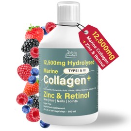 NUTRI BEAUTIES NUTRI BEAUTIES 12,500mg Hydrolysed Marine Collagen PLUS Zinc & Retinol+Hyaluronic Acid, Biotin, Vitamin C, D3, & Silica for Hair, Skin, Nails, Joints |Collagen Supplements for Women| 500ml| Sugar-Free
