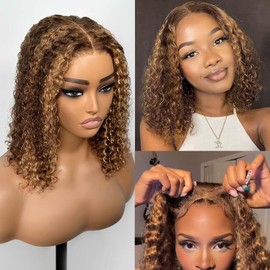 Smilegirl Glueless Wig Human Hair Pre Plucked Pre Cut Highlight Honey Blonde Curly Bob Human Hair Wig 5x5 Lace Closure Wet and Wavy Deep Wave Lace Front Wigs 200 Density (16 Inch)