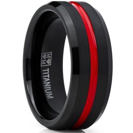 Metal Masters Men's Titanium Ring Wedding Band, Black and Red Plated Brushed Engagement Ring, Grooved, Comfort Fit 11