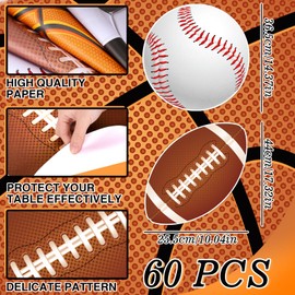 Whaline 60Pcs Sports Ball Paper Placemats Disposable Rugby Place Mats Basketball Baseball Football Round Decorative Paper Table Mats for Home Kitchen Dinner Table Birthday Party Supplies