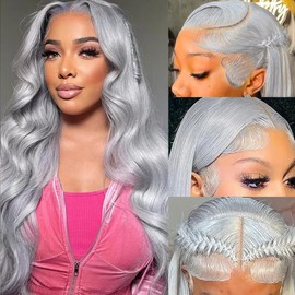 34 Inch Grey Wig Human Hair 13X6 Body Wave Lace Front Wigs Human Hair Grey Glueless Wear and Go Hd Full Lace Frontal Wig for Women