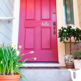Front Door Vinyl Decal Cursive Handwriting Wall Art Décor Sticker Lettering Removable (Hello 7" x 4" Tall, White)