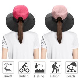 IYEBRAO Pack of 2 Ponytail Sun Hat Women's UV Protection Wide Brim Summer Hat with Neck Cord Sun Protection Hat Beach Hat Fishing Hat Fishing Hat Garden Hat Outdoor Hat, Light Red+Pink, 2 Pieces
