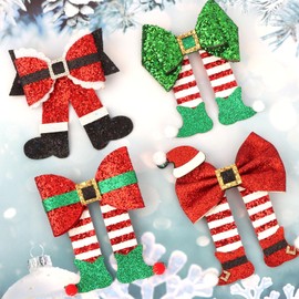 CIEHER 4 Pcs Christmas Hair Clips, Glitter Sequins Red and Green Bow Hair Clips for Christmas Party Hair Accessories for Women Girls - Color B
