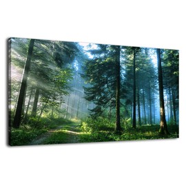 arteWOODS Canvas Wall Art Forest Morning Pictures Modern Large Nature Canvas Art Contemporary Green Big Trees Road Sunrise Foggy Woods Landscape for Kitchen Office Home Decoration 24" x 48"