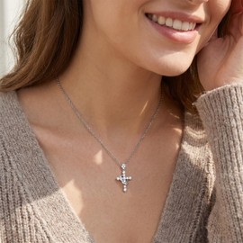 JOLINO Cross Necklace for Women, Crown Cross Necklace, 1.1 Carats Dainty Moissanite Jewelry, 925 Sterling Silver 18K White Gold Plated, Simple Christian Faith Cross Pendant Jewelry for Women (Silver)