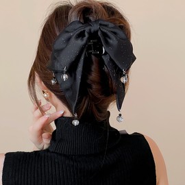 Hair Clip, Ribbon Clip, Hair Clip, Large Ribbon, Stylish, Firmly Curled, Hair Accessory, Hair Claw, Black, Adult, Korean, Cute, Ribbon, Hair Ornament, Lightweight, Strong, Simplified, Everyday Use,