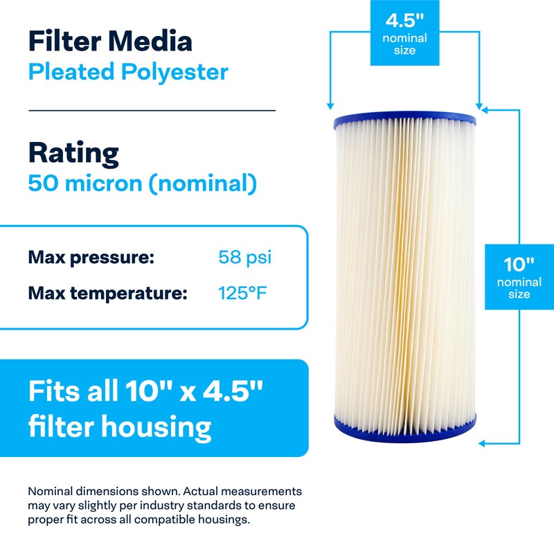 SpiroPure SP-EC50-BB 10x4.5 50 Micron Pleated Polyester Sediment Water Filter