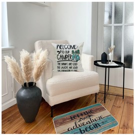 NYDECOR Happy Camper Pillow Covers Camping Our Happy Place Pillow Cover Adventure Throw Pillow Case Cotton Linen Pillowcase Cushion Covers for Rv Trailer Couch Sofa Bed 18x18 Set of 4