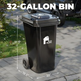 EconoHome Outdoor Garbage Can with Lid - 32 Gallon Trash Can for Backyard, Deck, Garage - Dual Wheels, Extra Heavy-Duty, Durable Handle - Versatile Home & Commercial Storage Container - Black, 2-Pack
