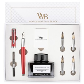 Wordsworth & Black Fountain Pen Gift Set, Includes Ink Bottle, 6 Ink Cartridges, Ink Refill Converter, 4 Replacement Nibs, Premium Package, Journaling, Calligraphy, Smooth Writing Pens [Red Chrome]