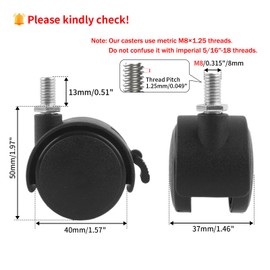 HOWDIA M8×1.25 Threaded Stem 1.5 Inch Nylon Swivel Caster Wheels with Brake – Floor-Protecting Light-Duty Replacement for Carts, Office Chairs & Furniture, Not fit for 5/16-18(30 kg Total, 4-Pack)