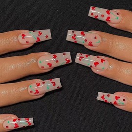 24PCS Long False Nails with Glue Stickers,Coffin Full Cover Acrylic Nails Press on Nails no Glue,Red Cherry Love diamond French Fake Nails Stick on Nails for Women and Girls Nail Art