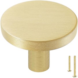 YEWLACA Brushed Brass Cabinet Knobs 1-5/16-Inch Diameter Dresser Drawer Pulls, Round Gold Modern Hardware Handles with Screws, 4 Pcs
