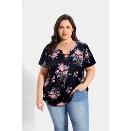 CARCOS Plus Size Tops for Women 4X Lace Up Floral Shirts V Neck Short Sleeve Black Tunics Casual Criss Cross Tshirt Loose Fit Tees for Spring Summer 4XL 24W 26W