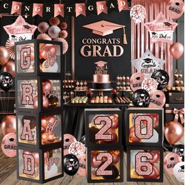 Rose Gold Graduation Decorations 2026, Pink Graduation Decorations Set of 4 Balloons Boxes with Letters 2026 GRAD So Proud of You, Congrats Grad Decorations for High School & College