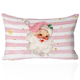 Christmas Pink Santa Claus Stripes Throw Lumbar Pillow Cover - 12x20 Inch Pink Christmas Decorative Throw Cushion Case for Sofa Couch