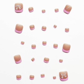 Pink French Tips Press on Toenails Short Square Fake Toenails with 3D Bow Rhinestones Design Solid Color Cute Acrylic Toenails Stick on Toenails Full Cover Glossy Summer False Toenails for Women 24PCS