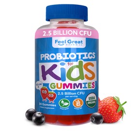 Feel Great USDA Organic Kids Probiotics Gummies | Chewable Strawberry Probiotics for Digestive Health & Immune Support | Plant Based Probiotic & Prebiotic for Kids | 30 Count