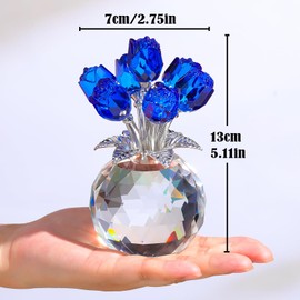 Arikyrist Crystal Blue Rose Bouquet Figurine with Round Vase, Glass Rose Flower Romantic Gifts for Women Sister on Birthday, Collectible Decoration Table Centerpiece for Home
