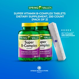 Spring Valley, Super Vitamin B Complex Tablets Dietary Supplement, B complex - 250 Count + 7 Day Pill Organizer Included (Pack of 2)