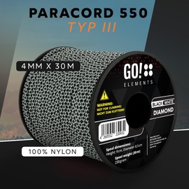 GO!elements 30 m Paracord Rope Made of Tear-Resistant Nylon Cord - 4 mm Paracord 550 Type III Cord - All-Purpose Rope and Cord - Max. 250 kg, Colour: Black/White