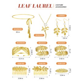 Xinnun 9 Pcs Greek Goddess Costume Accessories Toga Belt Leaves Crown Bracelet Headpiece Earrings Necklace for Women Bridal(Classic)