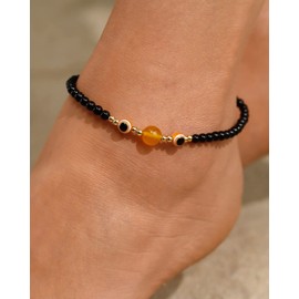 Wizock Evil Eye Black Agate Anklet Protection Good Luck Amulet Jewelry Crystals Adjustable Yellow Agate Beaded Ankle Bracelets for Women