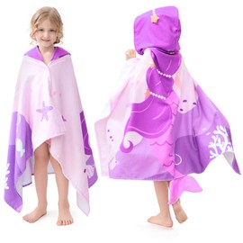 JISEN Kids Beach Towels-Hooded Towel for Kids 30" x 50" for 3-10 Years,Pool Ponchos for Kids with Hood,Girls Beach Towel,Mermaid