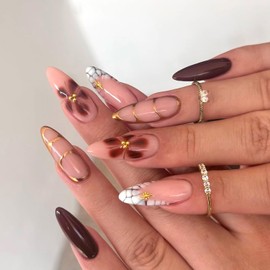Red Flower Press on Nails with French Tip Design Acrylic Fake Nails 3D Gold Star Glue on Nail Glossy Long Almond Artificial Stick on Nail for Women