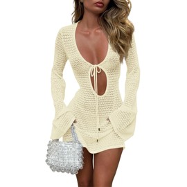 Saodimallsu Womens Crochet Swimsuit Cover Up Long Bell Sleeve V Neck Tie Mesh Knit Summer Beach Dress Vacation Outfits Beige
