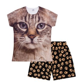 Girls Cat Tabby Brown Short Pyjamas Paw Print (13-14 Years)