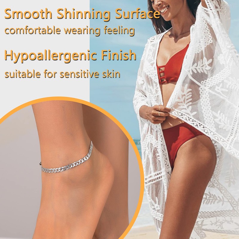 PROSILVER Classic Anklet Bracelet, 925 Sterling Silver Curb Chain/Figaro Chain/Cord