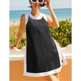 Hooever Women's 2 Piece Sets Casual Color Block Crewneck Sleeveless Pullover Tops Matching Shorts With Pockets(Black-M)