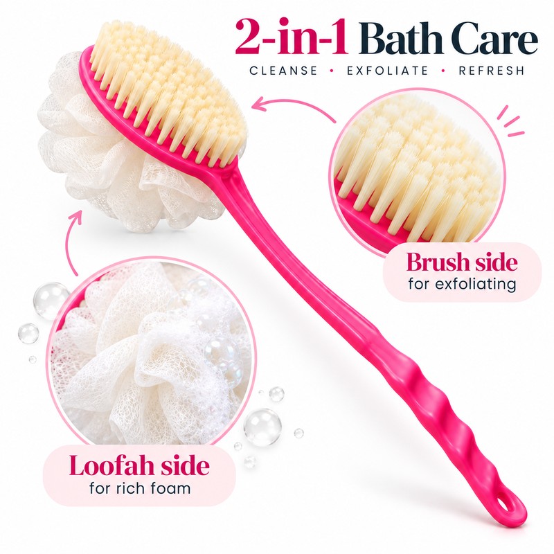 2-in-1 Long Handle Bath Brush with Soft Loofah & Bristles,
