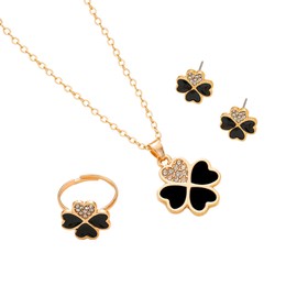 AOWVUTS Jewellery Sets for Women, Four-Leaf Clover Necklace Earrings and Ring Set, Pendant with Sparkling Rhinestones, Flower Heart Shape Lucky Gold Jewellery Set, 3Pcs Jewellery Gifts (Black)