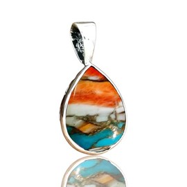 Solid 925 Sterling Silver Pendant for Men Women, Pear Gemstone Unique Handcrafted September Birthstone Pendant (oyster-copper-turquoise)