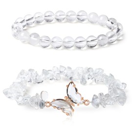 GUJOXILA 2pcs Clear Quartz Crystal Beaded Bracelets for Womens Clear Quartz Healing Bracelet Layered Butterfly Bow Gemstone Bead Ladies Girls Bracelets Protection Lucky Bracelet Gifts
