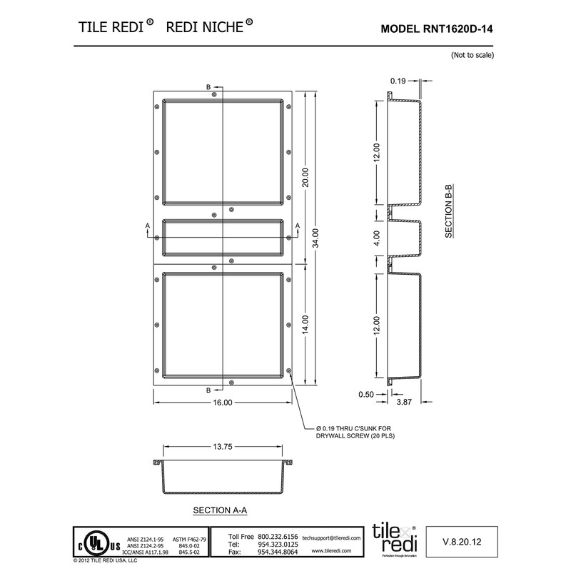 Tile Redi USA RNT1620D-14 Niche Triple Recessed Shower Shelf, Three