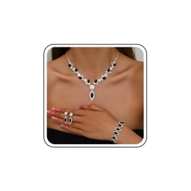 Janiasly Crystal Wedding Jewelry Set 4 Piece Rhinestone Necklace Bracelet Earrings Pack Vintage Gorgeous Crystal Marquise Drop Earrings Tassel Necklace Prom Party Bridal Accessories (Black)