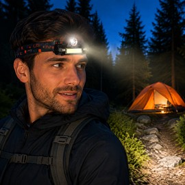 Q5 + COB LED Headlamp with Dual-Beam Lighting, Adjustable Tilt & Head Strap