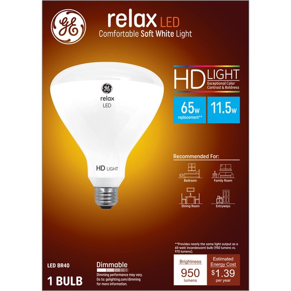 GE Lighting 43058 Relax HD LED (65-Watt Replacement) 700-Lumen BR40 Bulb with Medium Base, Soft White, 1-Pack, California Resident