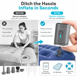 Mini Rechargeable Air Pump for Inflatables – 3-in-1 Inflator, Deflator & Camping Light with 5 Nozzles