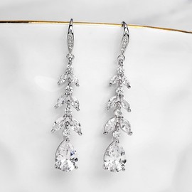 Wedding Earrings for Women, Trendy Sparkly Large Rhinestone Leaves Silver Earrings Elegant Pearl Waterdrop Dangle Earrings for Teen Girls Bridal Party Jewelry Gifts (Wedding1)