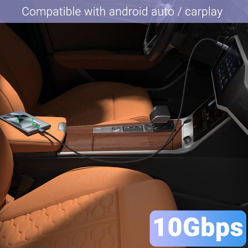 JBTOP 20Gbps Android Auto USB C Cable 2-in-1 [1ft, 2Pack]