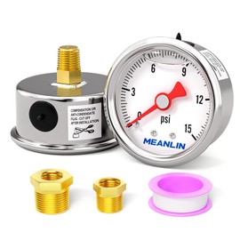 MEANLIN MEASURE 0~15Psi Stainless Steel 1/8" NPT 1.5" FACE DIAL, Glycerin Filled Pressure Gauge, Liquid Filled, Water Oil Air, Back Mount, with 1/4" NPT and 3/8" NPT Hex Bushing