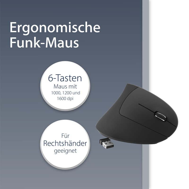MediaRange ergonomische 6-Tasten Funk-Maus mit optischem Sensor für Rechtshänder, schwarz